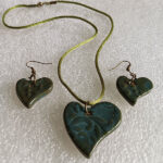 Blue-green, heart shaped textured Pendant and earrings.