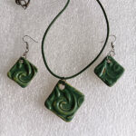 Green, rhombus shaped textured Pendant and Earring set